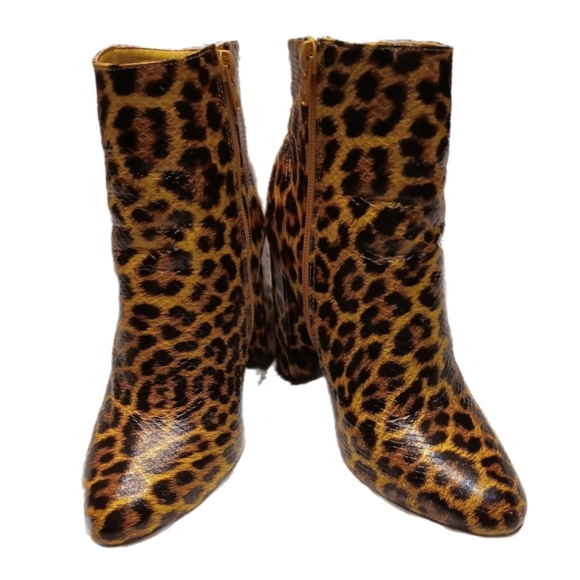 Leopard Print Ankle Booties Mob Wife Wm 8 Zip Closure 4" Block Heel Yellow Brown - Picture 1 of 5